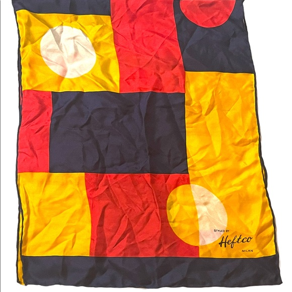 Heftco Milan Italy Geometric SILK Scarf yellow red blue - Picture 7 of 7